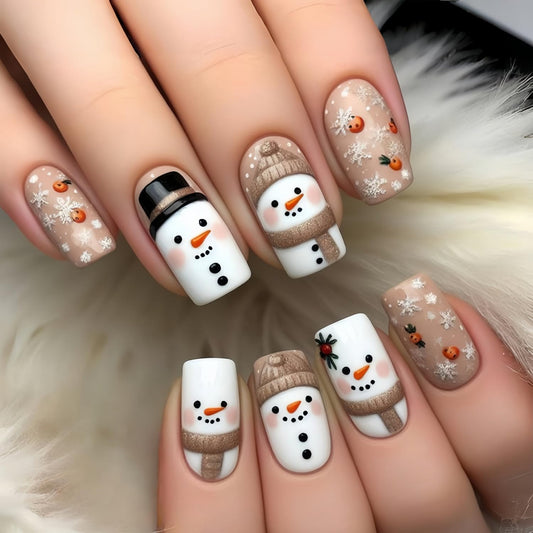 Christmas Press on Nail Medium Length Square Fake Nails Snowman Snowflake with designs Acrylic Stick on Nail Cute False Nails Winter Xmas Press ones Gel Glue on Nails for Women Holiday24pcs