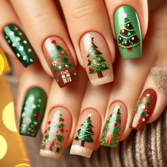 CJDLTS Christmas Press on Nails Medium Artificial Ballet Acrylic False Nails French White Tip Xmas Fake Nail Christmas Trees Stick on Nail Full Cover Winter Artificial Fingernails for Women Manicure
