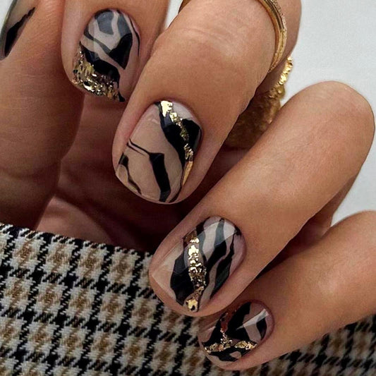 Square Press on Nails Short Fake Nails with Stripe Glitter Designs Black Nails Press ons Nude Glue on Nails Glossy Acrylic Nails Artificial Stick on Nails for Women 24Pcs
