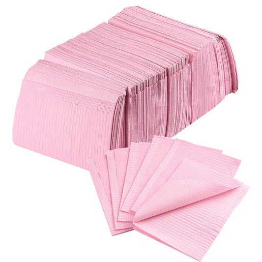 SUTOKAKA 125Pcs Pink Disposable Table Mats for Nail Art 3 Ply Foldable Waterproof Dental Bibs Tattoo Sheets Nail Practice Table Cover for Medical Supplies Manicure Salon Pads