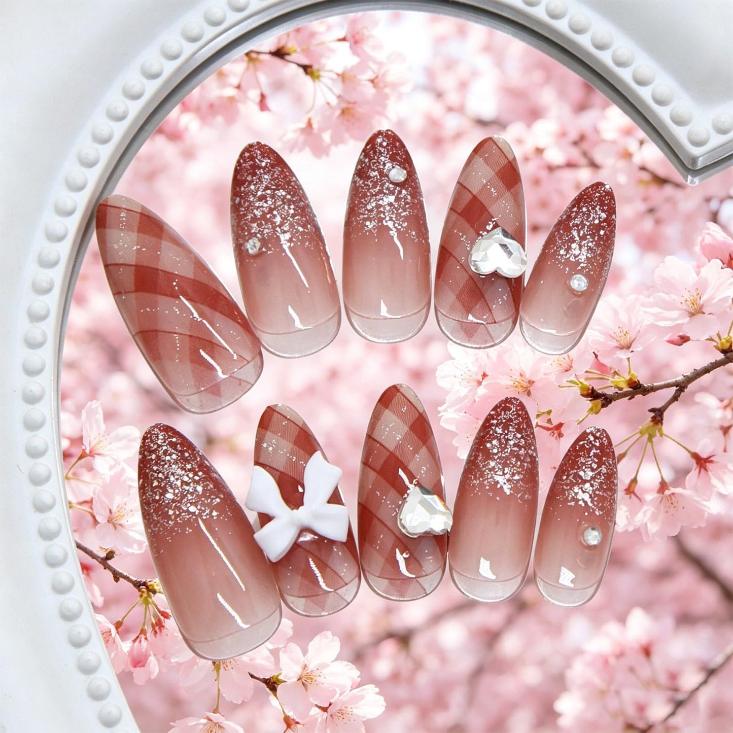 Press on Nails with Checkered Design Plaid Medium Almond False Nails Gingham Fake Nail Glossy Silver Glitter Glue on Nail Rhinestones Stick on Fingernails for Women Sweet Daily Wear