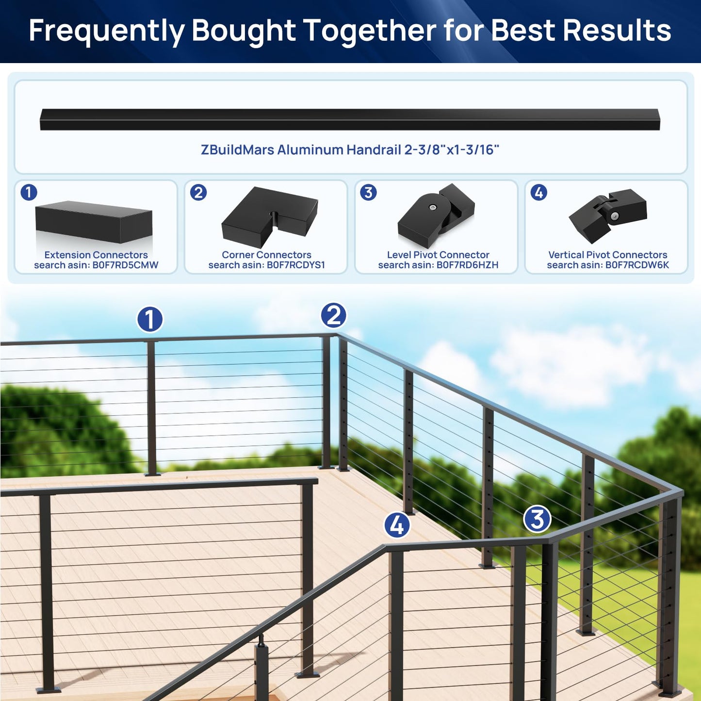 2 Pack 10FTx 2-3/8"x1-3/16 Aluminum Black Handrail with Self Drilling Screws Nylon End Caps, AAMA 2604 Coating, 3mm Thick Flat Handrail Cuttable Top Rail for Deck Stair Railing Indoor Outdoor