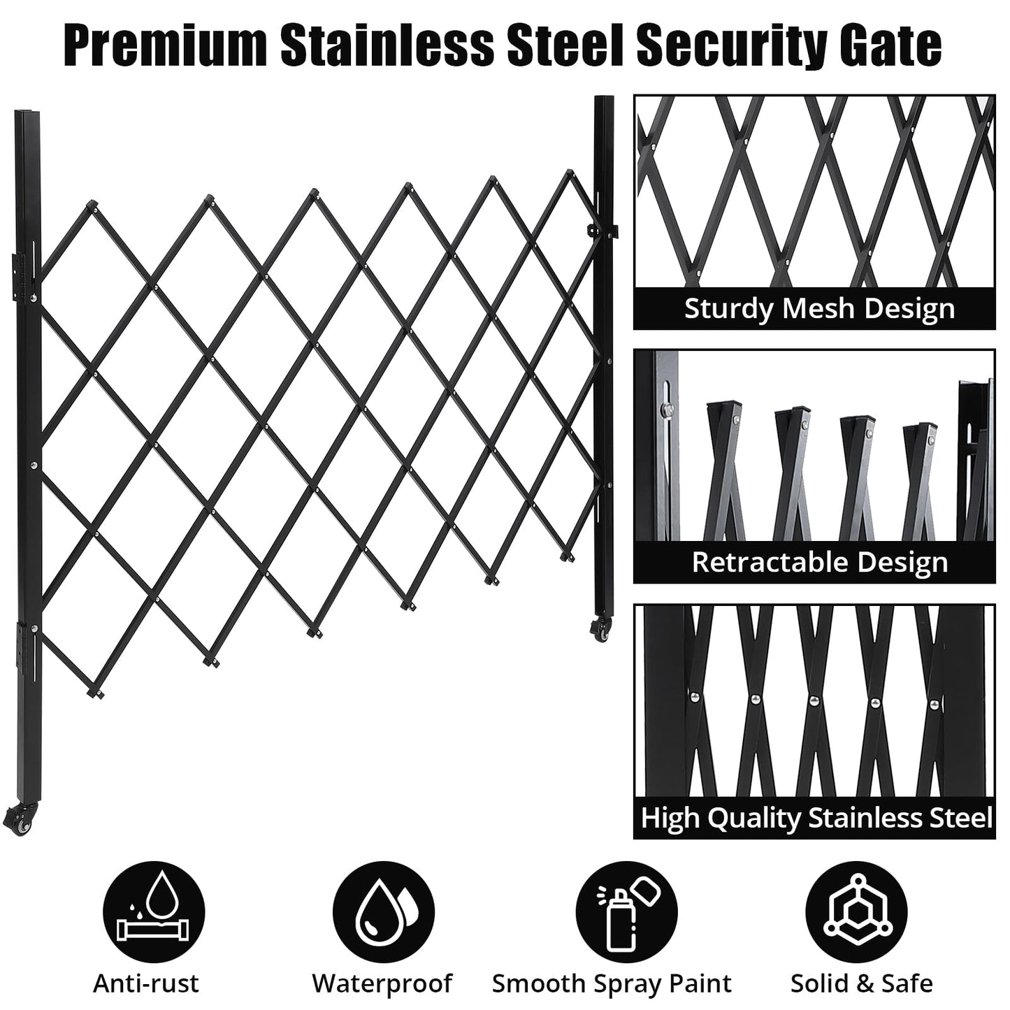 Garvee Scissor Gate Folding Security Door Gates, 61" H x 71" W Flexible Expanding Security Door - Steel Accordion, 360° Rolling Wheels with Padlock, Black