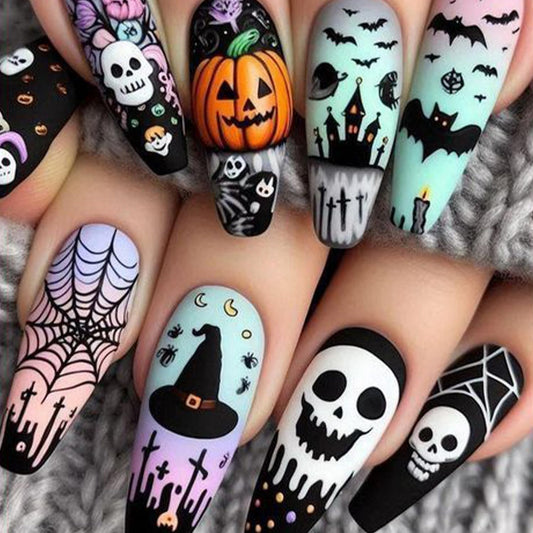 Halloween Press on Nail Long Coffin Fake Nails with Skull Pumpkin Bat Castle Spider Web designs Halloween False Nails Full Cover Black Press ones Acrylic Glue on Nails for Women Party Decor 24pcs