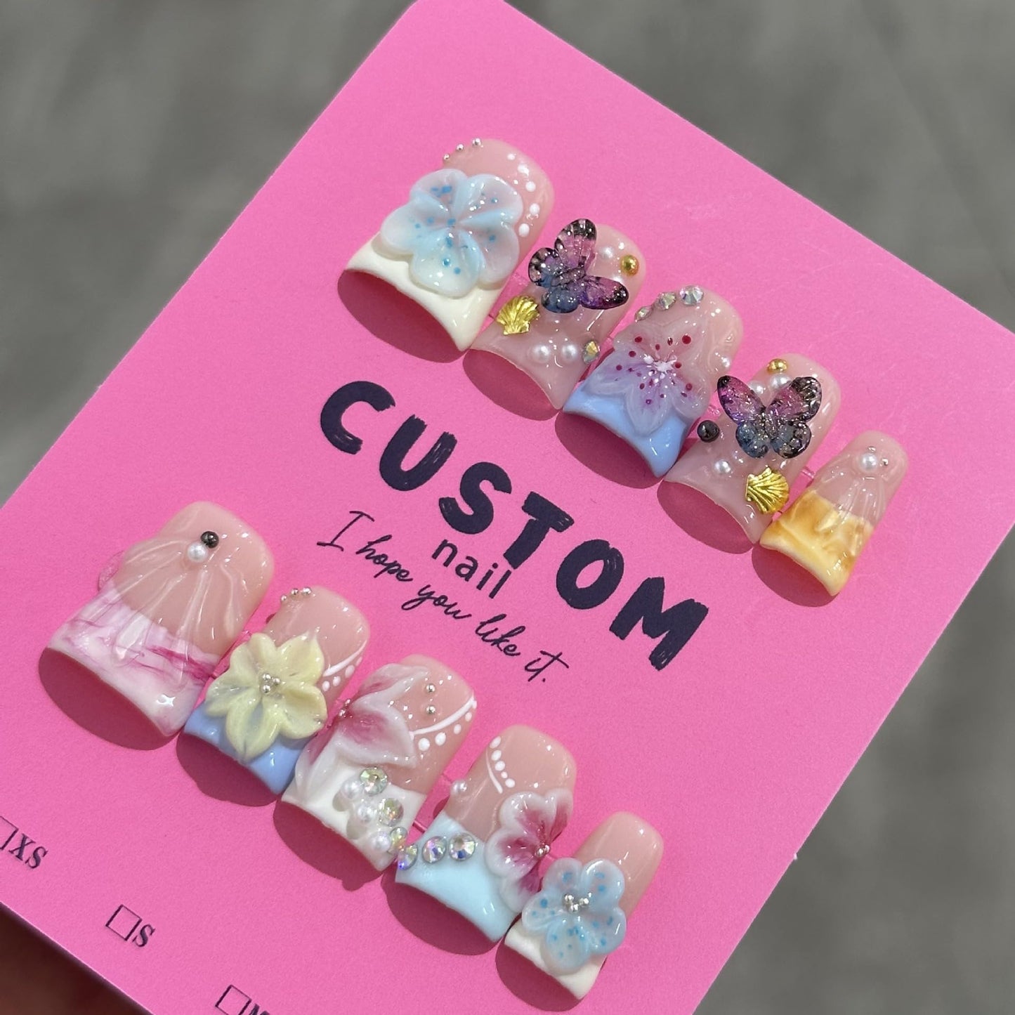 Duckbill Shape Handmade Press on Nails Kit French Flower Nails with 3D Butterfly Pearl Designs Glossy Fake Nails Elegant Short Duck Fake Nail Salon Quality Stick on Nail for Women (M)