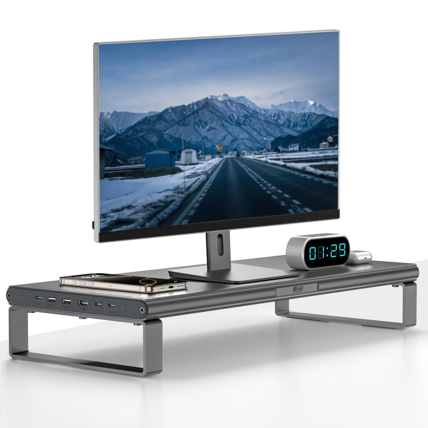 JINRAIKO Monitor Stand with Docking Station, Aluminum Monitor Riser with 6-in-1 Docking Station: 4K HDMI, USB-C, USB 3.0, PD 100W, Wireless Charging,Metal Desk Stand with Storage-Silver Gray