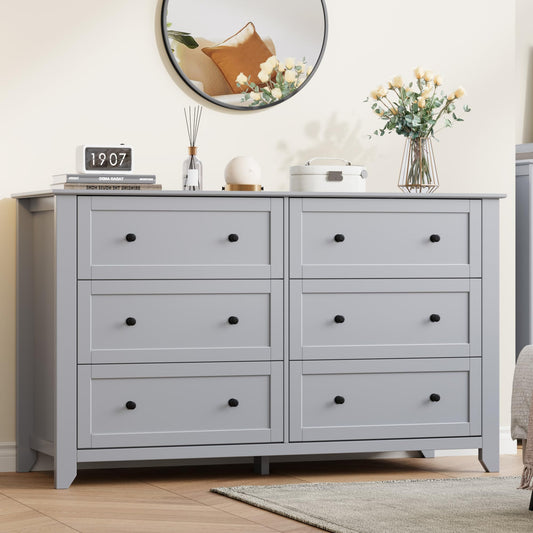 IDEALHOUSE Grey 6 Drawer Dresser for Bedroom, 54" Wide Large Dresser with Deep Drawers & Metal Knobs, Modern Wooden Chests of Drawers for Entryway, Hallway