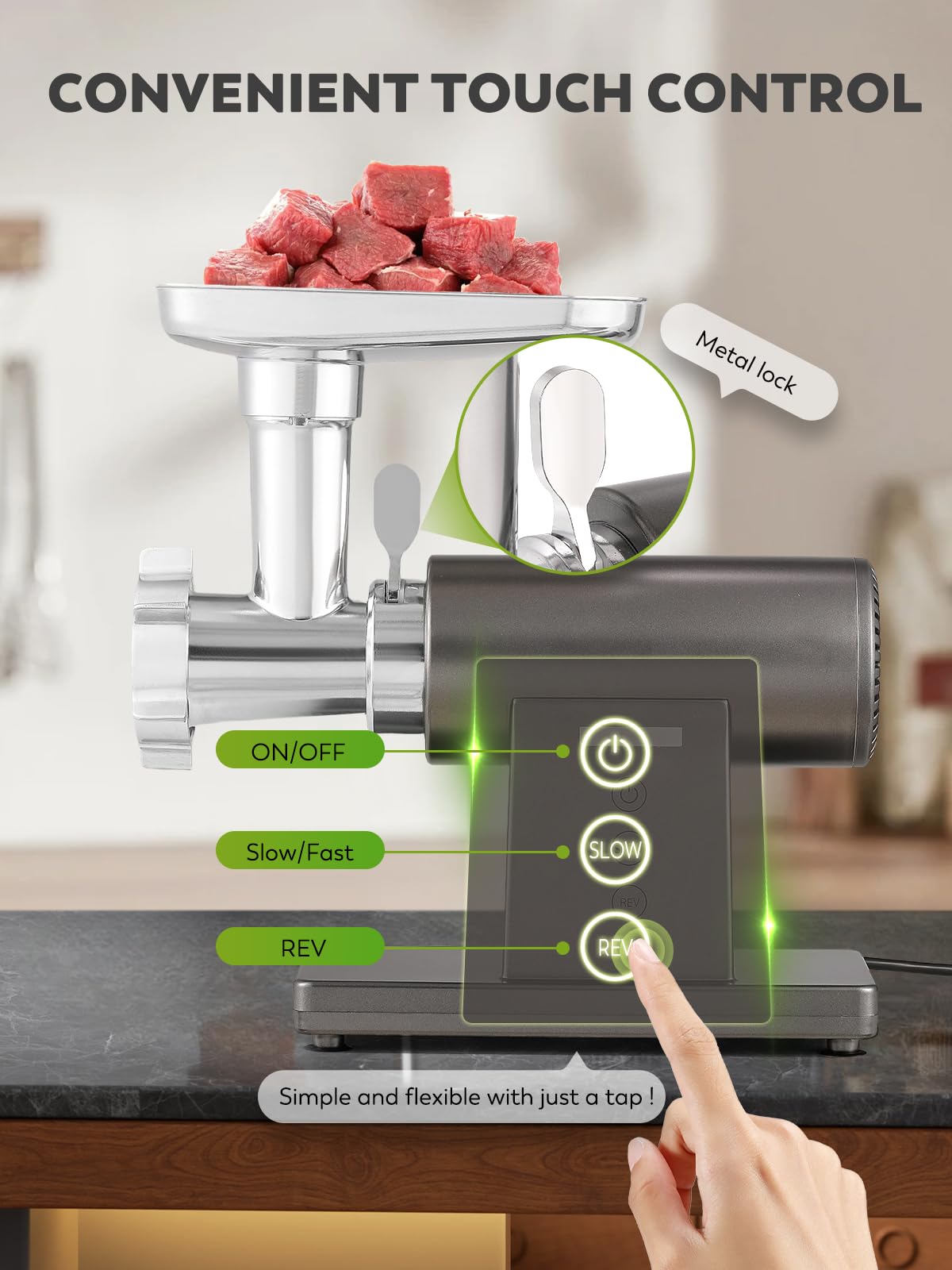 Flyseago Meat Grinder Electric 3200W Heavy Duty Meat Mincer Chopper Machine Touch Control Multifunctional with Cutting Blade 3 Grinding Plates 3 Sausage Stuffers Kubbe Kit for Household&Commercial
