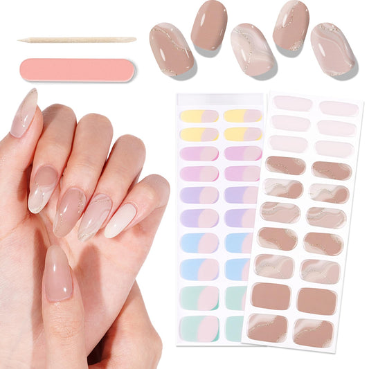 YECIRALA 2 Sheets 40 Tips Semi Cured Gel Nail Strips Kit (Marble & Colorful French Design), Semi Cured Nail Polish Strips Stickers Manicure Gel Nail Wraps Full Set with Nail File & Wooden Stick