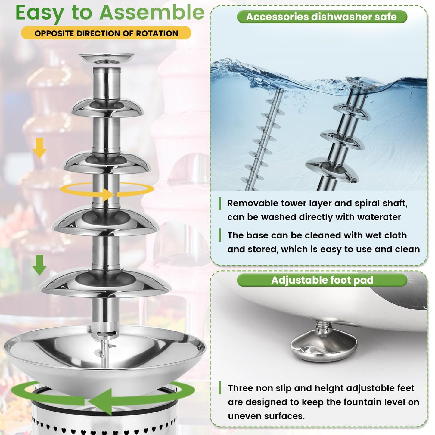 Flyseago Commercial Chocolate Fountain 5 Tiers 13.2 Lbs Nacho Cheese Fountain Stainless Steel Hot Fondue Fountain Machine for Bakery, Party, Gathering, Wedding, Rental, Knob Control