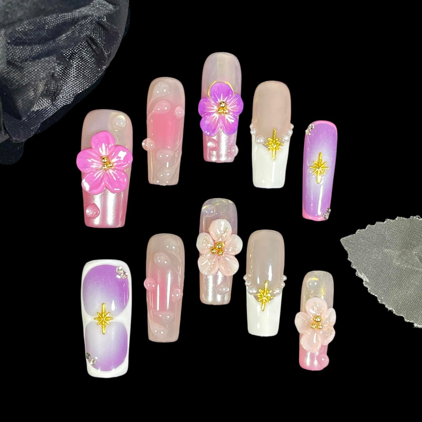 Handmade Press On Nails Medium/Long Square Pink 3D Sakura Design - Reusable French Acrylic Fake Nails with Gold Stars & Pearls, Luxury Cherry Blossom False Nails (Sakura, M)