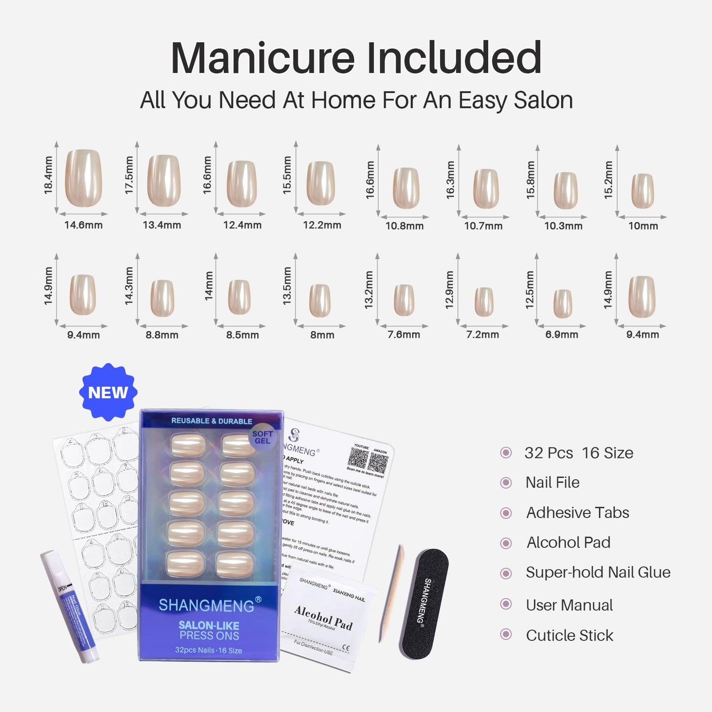 White Chrome Press on Nails Short - SHANGMENG Soft Gel Press on Nails Square for Women Gift, Fit Perfectly & Glossy Glue on Nails in 16 Sizes - 32 Reusable Fake Nails with Glue, Pearl White