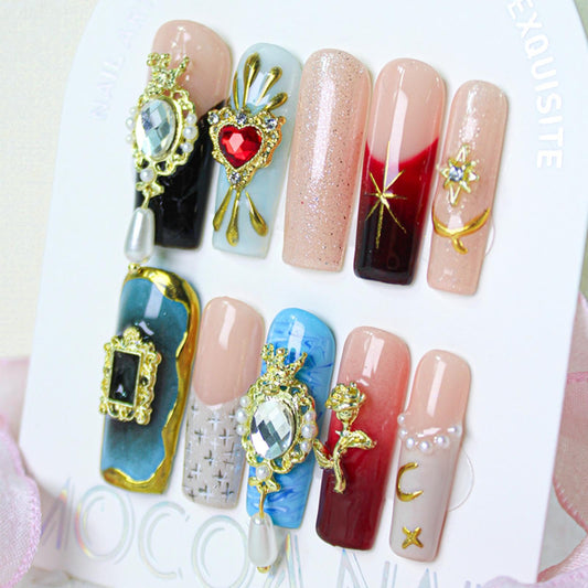 Maigitur 100% 5D Handmade Press on Nails with Charms Long Square Nails Press ons- French Tips False Nails Diamond Rose Heart Charms Press on Nails for Women Girls Daily Wear DIY Manicure Size M