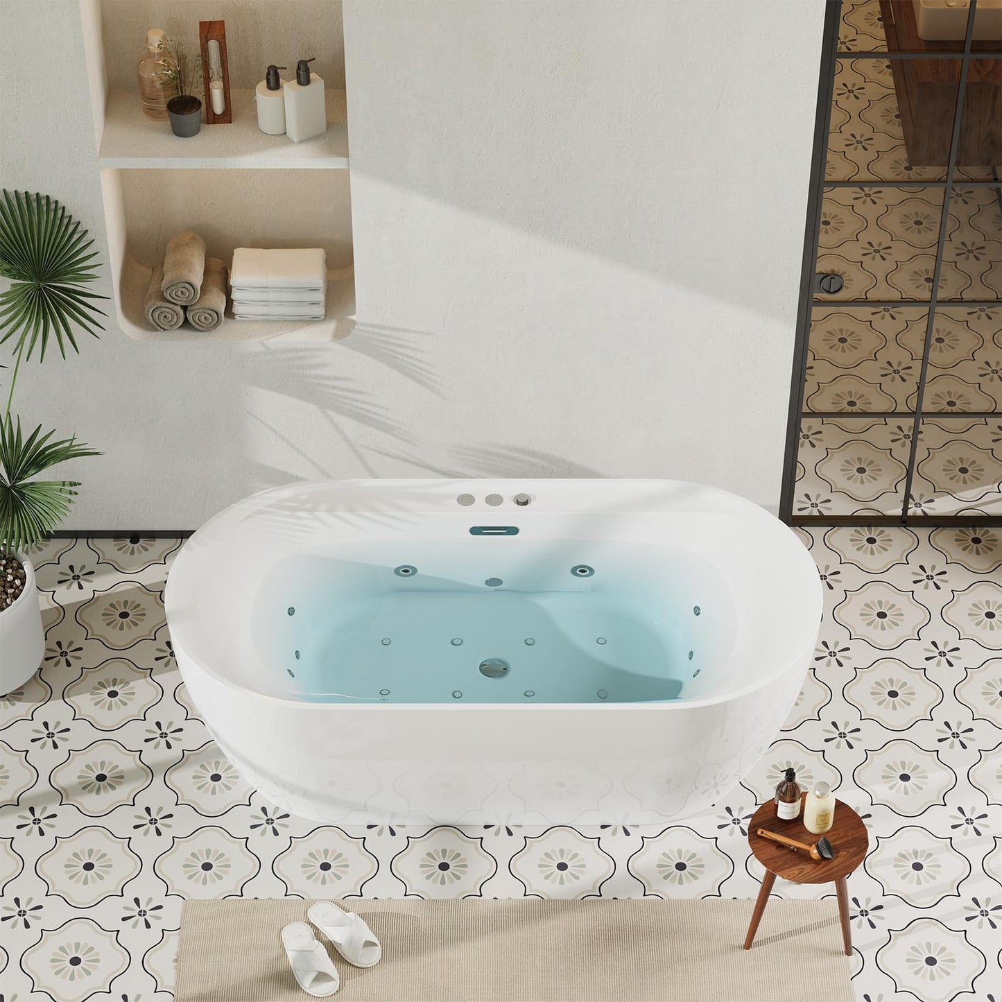 71 Inch Freestanding Acrylic Bathtub Soaking Tub with Adjustable Jets for Tub, Deep Ergonomic Bathtub, Water Jetted Air Bubble and Heated Combination Tub Bathtubs, CUPC Certified, Matte Drain, Gloss
