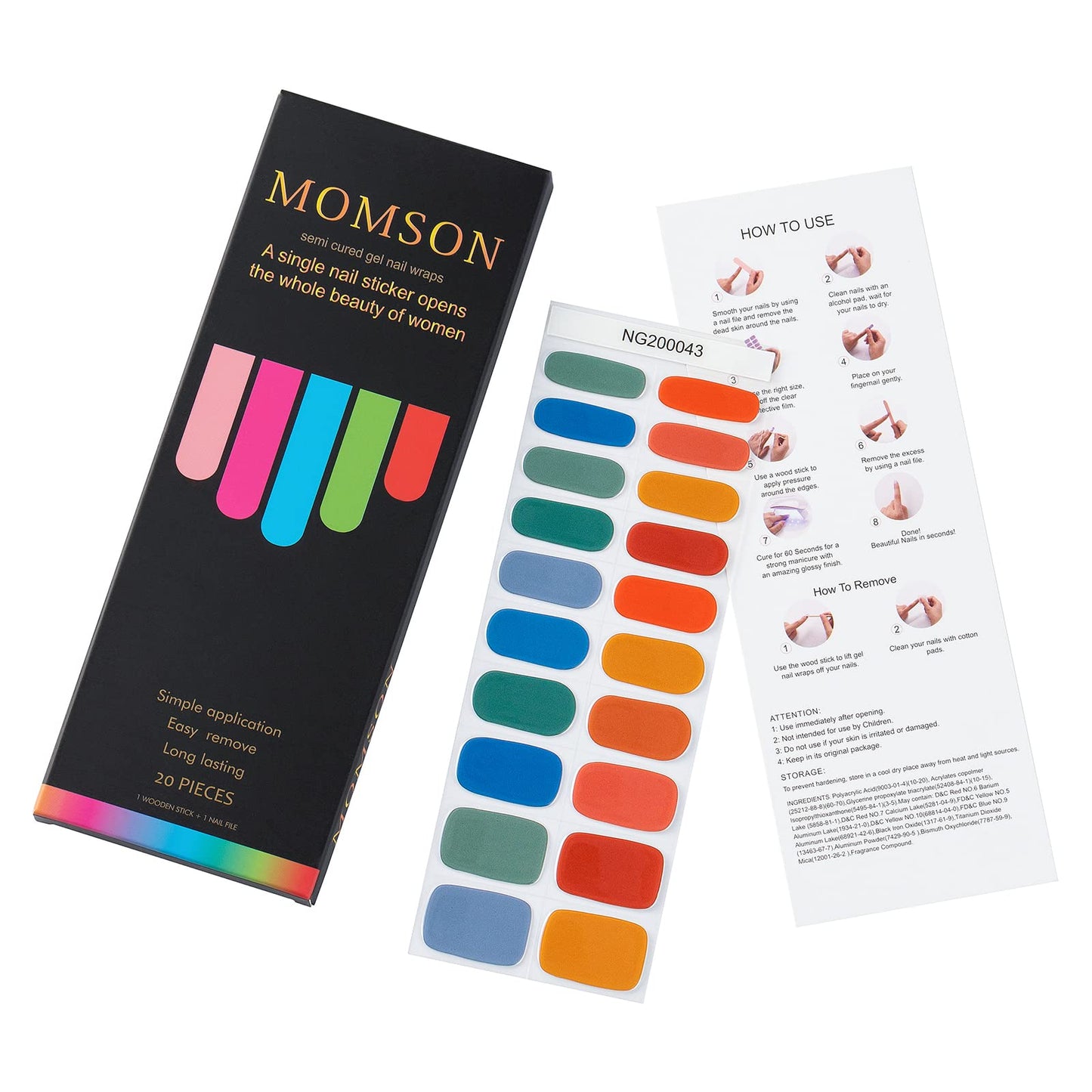 MOMSON Semi Cured Gel Nail Strips - 20 Real Gel Nail Polish Stickers/Full Nail Wraps - Art Manicure Kits for DIY at Home, Salon-Quality, Easy to Apply & Remove (Colorful Candy)