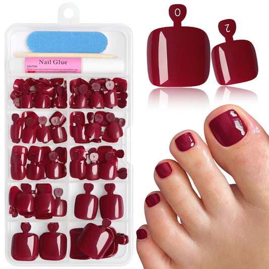 EternalClassic 144pc Press on Toenails for Women Toe Nail Press ons Short Square with Glue&Jelly Glue, Deep Red Toe Nails Glue on Toe Nails, Full Cover Acrylic Artificial Toe Press on Nails