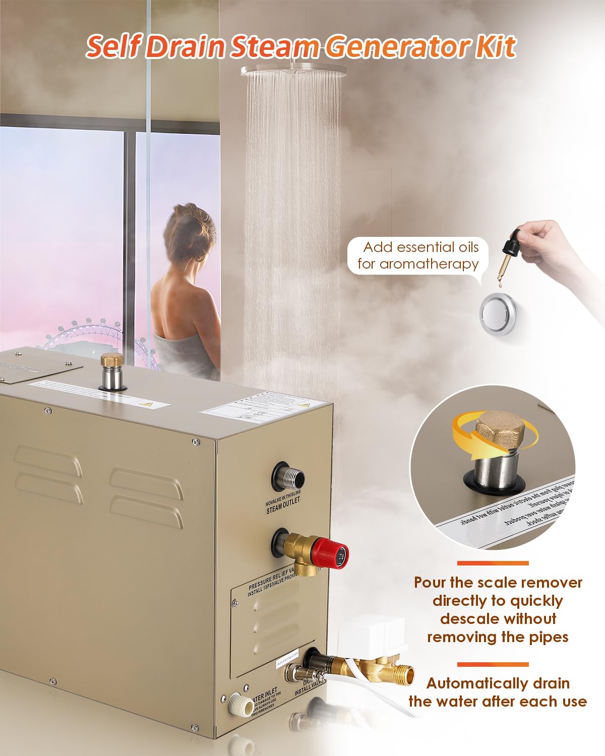 Hapyvergo Steam Shower Generator Kit 10.5KW for Bath Sauna SPA, Self-draining System, Aromatherapy Steam Head, LED Touchscreen Controller, 12-Hour Timer 77-131℉ For Home Commercial Use