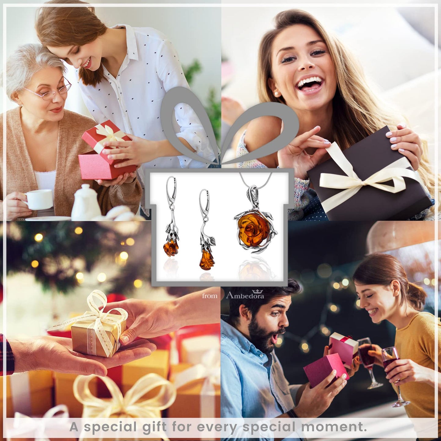 AMBEDORA Women's Jewellery Set Amber 060B, Oxidised Sterling Silver, Hand Carved Amber Roses in Cognac Colour, Silver Pendant on Chain and Earrings