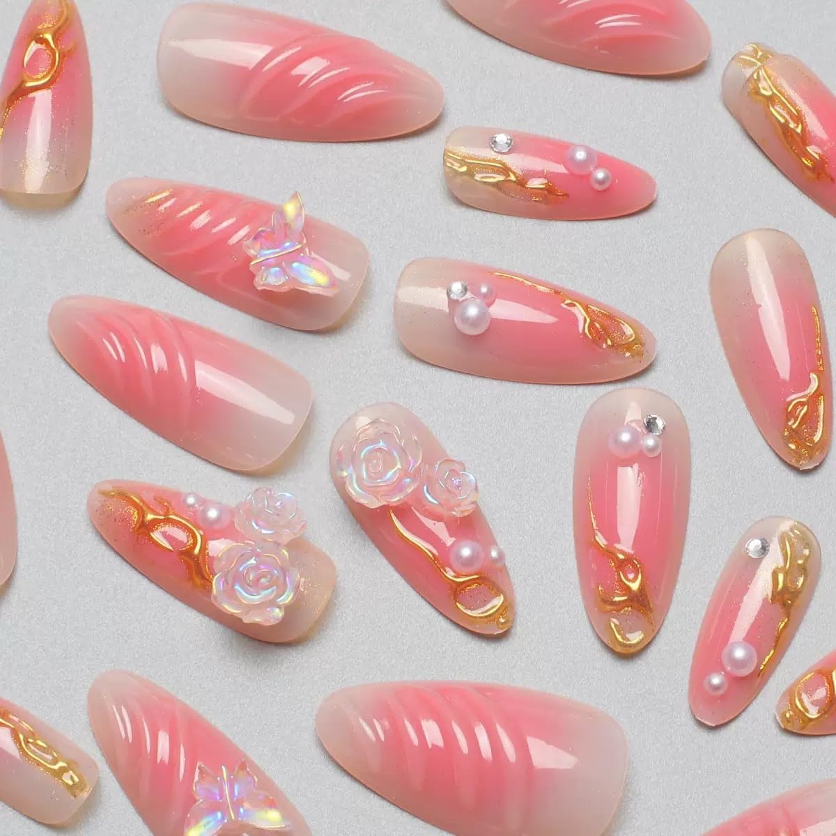 Pink Press on Nails Medium Almond Fake Nails 3D Flowers Butterfly Acrylic Nails Gradient False Nails Gold Line Artificial Nails Press ons with Pearl Designs Ombre Glue on Nails for Women Girls 24Pcs