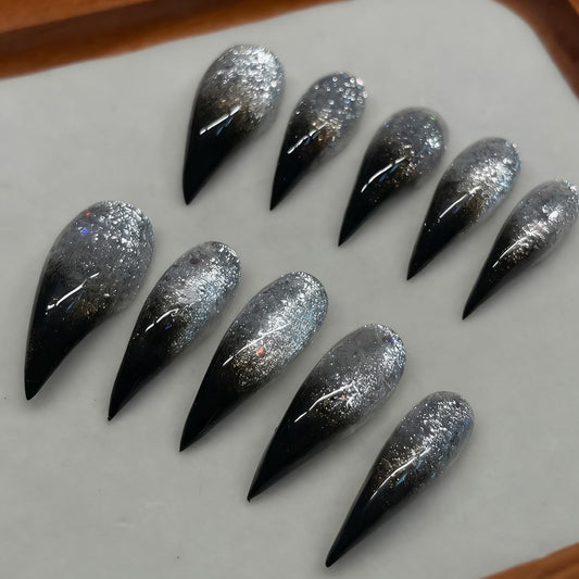 Handmade Press on Nails Silver Glitter Eagle Claw Fake Nails Designs Black French Tip False Nail Full Cover Long Curved Stiletto Stick on Nail Muti-Layer Gel Acrylic Nails for Women (Size S)