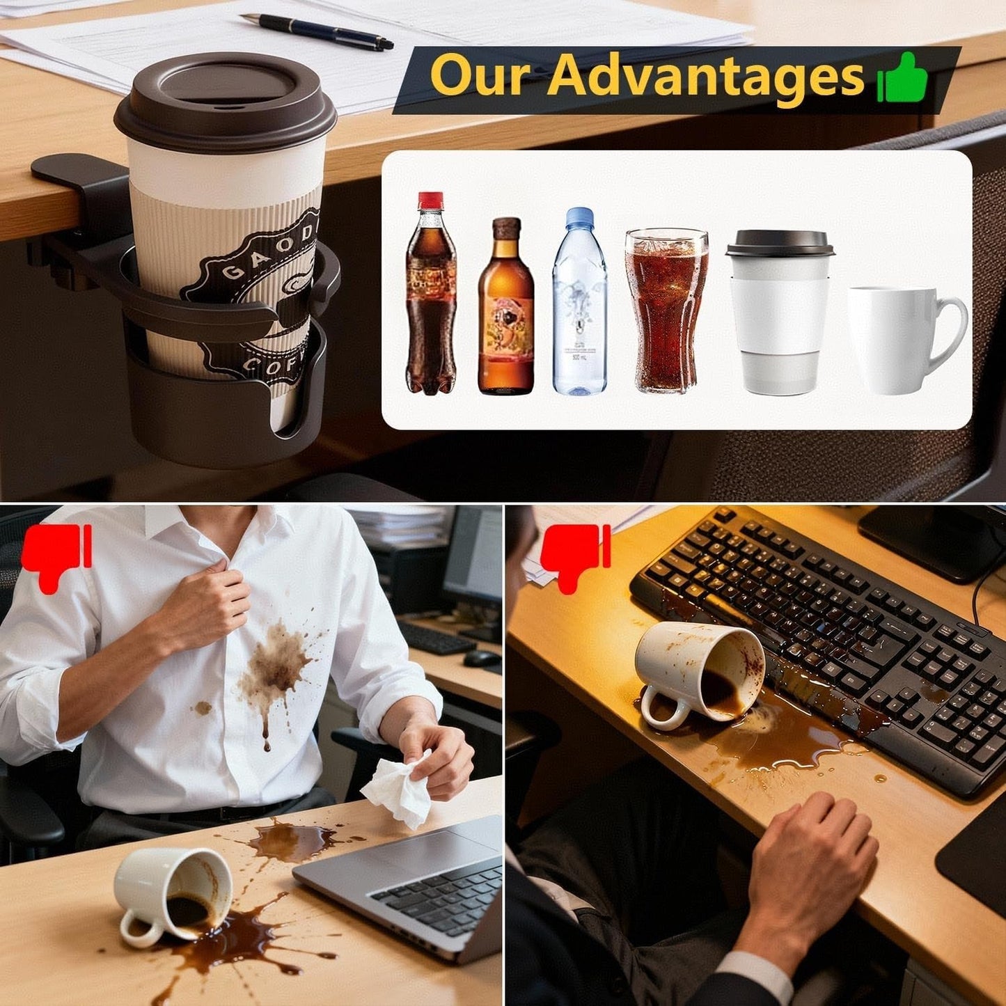 JAXYOOM Desk Cup Holder Clip On 360° Rotating Clamp,Deeper Anti-Spill Drink Holders for Water Bottles & Coffee Mugs,Adjustable Clamp Fits Screw On Table for Drinks,Office,Gaming Desk,Home,Black