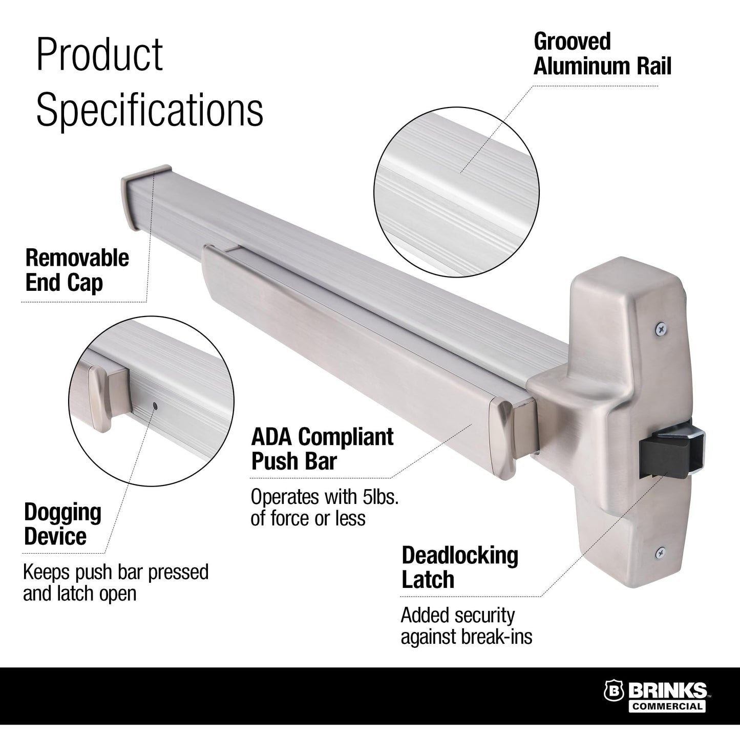 Brinks Commercial M91P Push Bar Door Exit Device and Night Latch, Panic Device, Rim exit bar, UL305 Compliant, Satin Stainless Steel