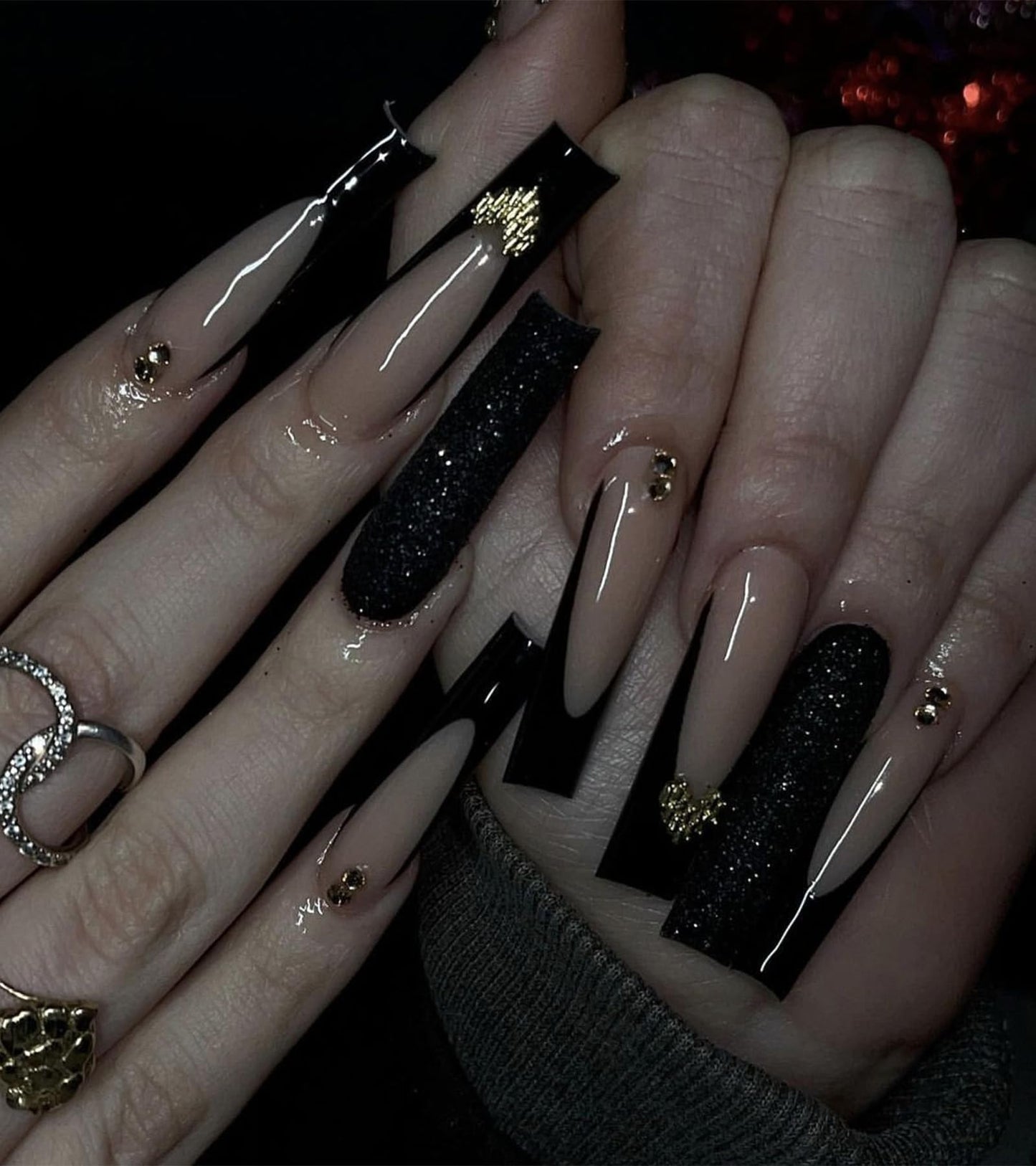 Press on Nails Extra Long - Aegenacess Square Press On Nails with 3D Heart and Rhinestones, Nude French Tips Y2K Fake Nails with Glue Sticker, Handmade 24 pcs Stick On Nails False Nail in 12 Sizes