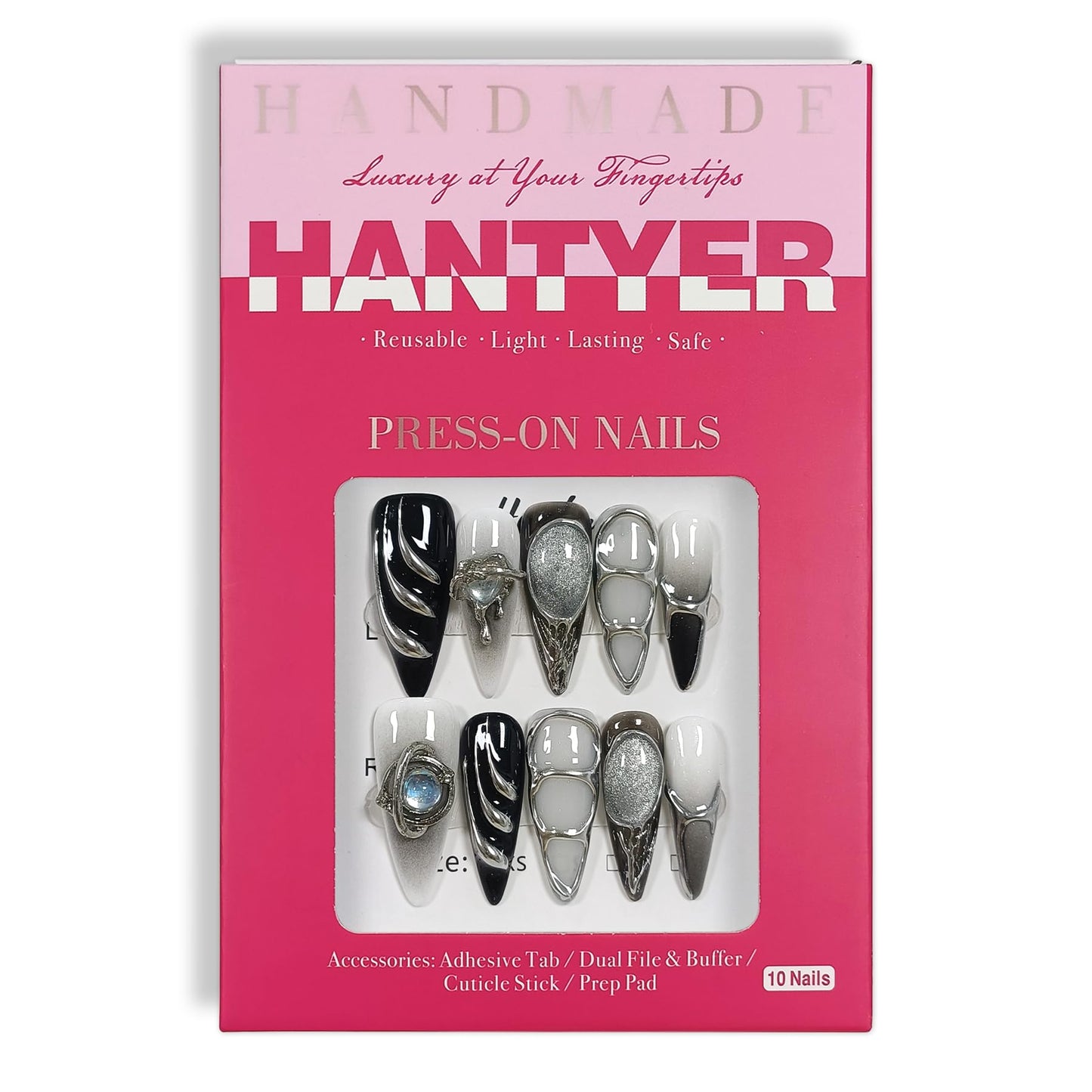 Hantyer Gothic Press on Nails with Tools Kit, 10pcs Long Stiletto Glossy Nails in Black & Metallic Silver, Hand-Painted 3D Art & Round Cat Eye Charms, Edgy Style for Concerts & Parties (Size S)