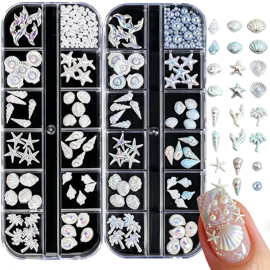 Summer Beach Nail Charms, 3D Seashell Starfish Palm Tree Nail Art Accessories with Full Round Pearl, Ocean Theme Nail Gems Beads, Summer Nail Design for Women Crafts DIY Manicure 2Boxes