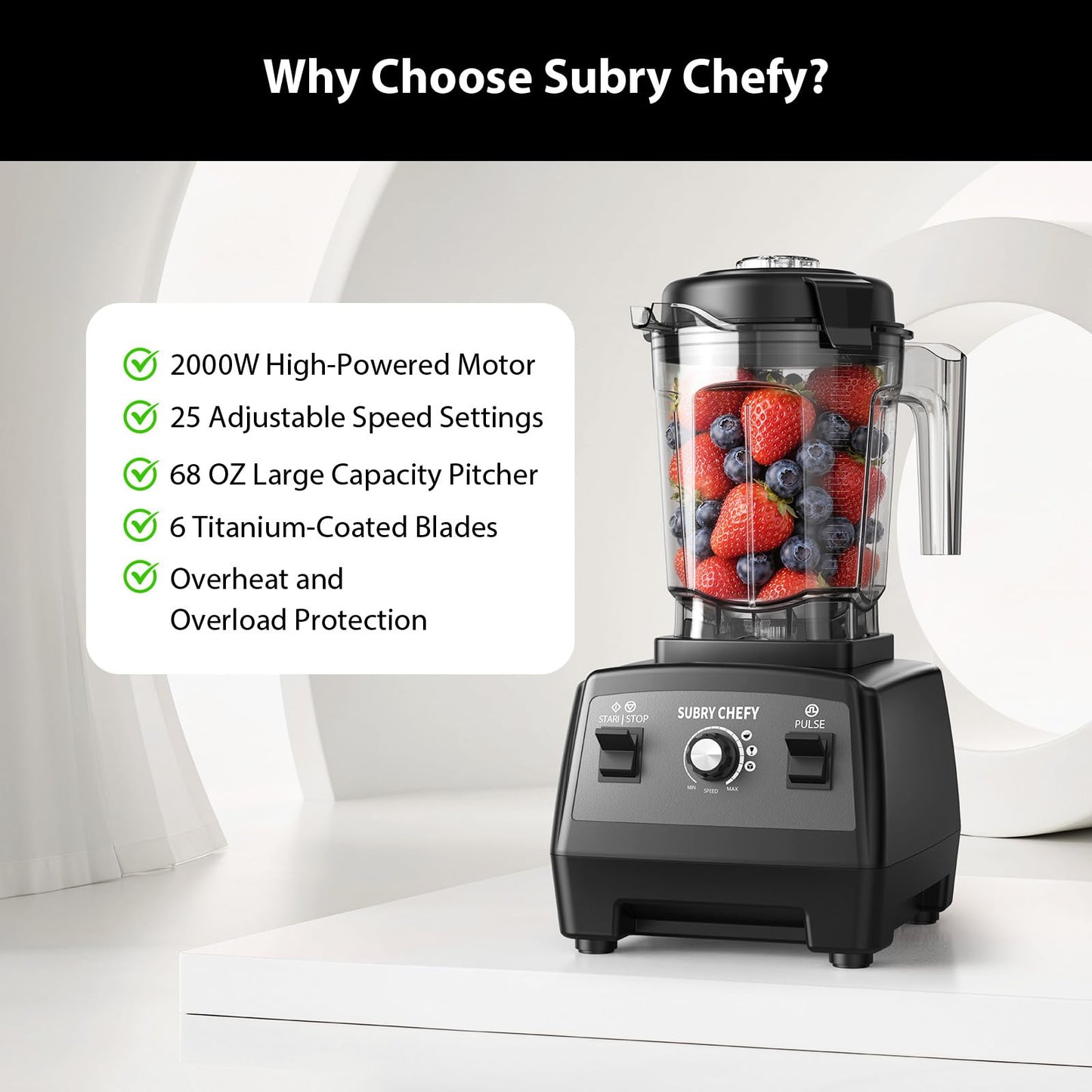 Subry Chefy Countertop Blender Pro 2000W, Professional High-Speed Blender with Powerful Brushless Motor, 25-Speed, 68oz, Heavy Duty Kitchen Blender for Smoothies, Ice Crushing & Food Prep, Black