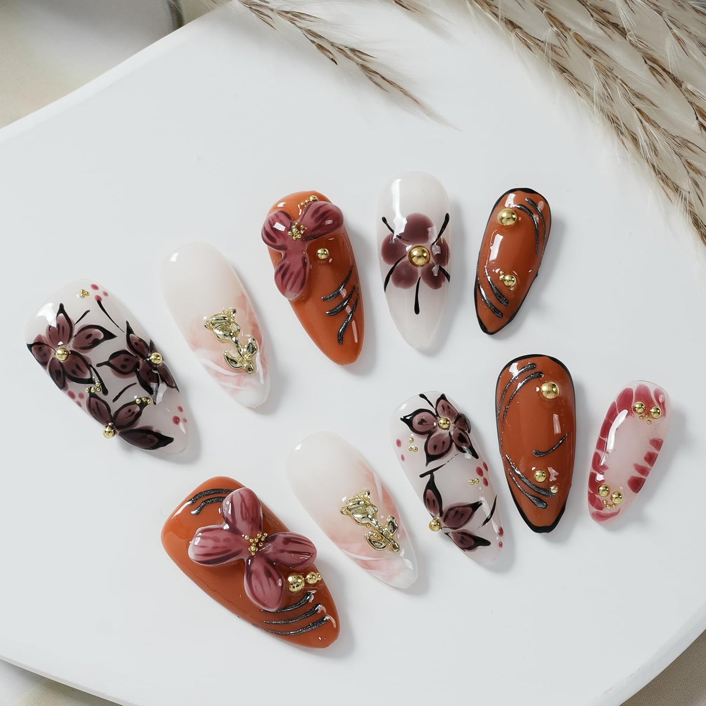 Tesytto 3D Embossed Flower Press on Nails Almond - Handmade Orange Brown & White Design, Luxury Glossy Reusable Fake Nails for Women(Orange Pink Flower Glaze, L)