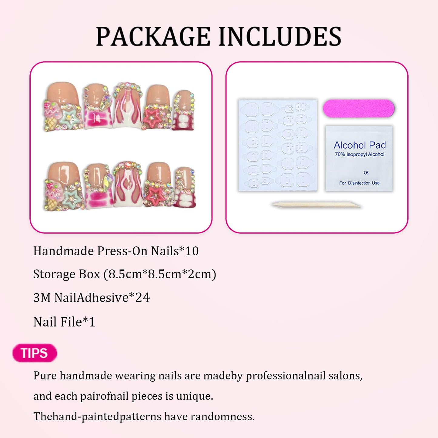 Handmade Press on Nails Short Duck 3D Rhinestones French Tip Thick Acrylic Fake Nails Pink False Nails with Cute Stars Ice Cream Designs Muti-Layer Gel Stick on Nail Art Press on Nail for Women（M)