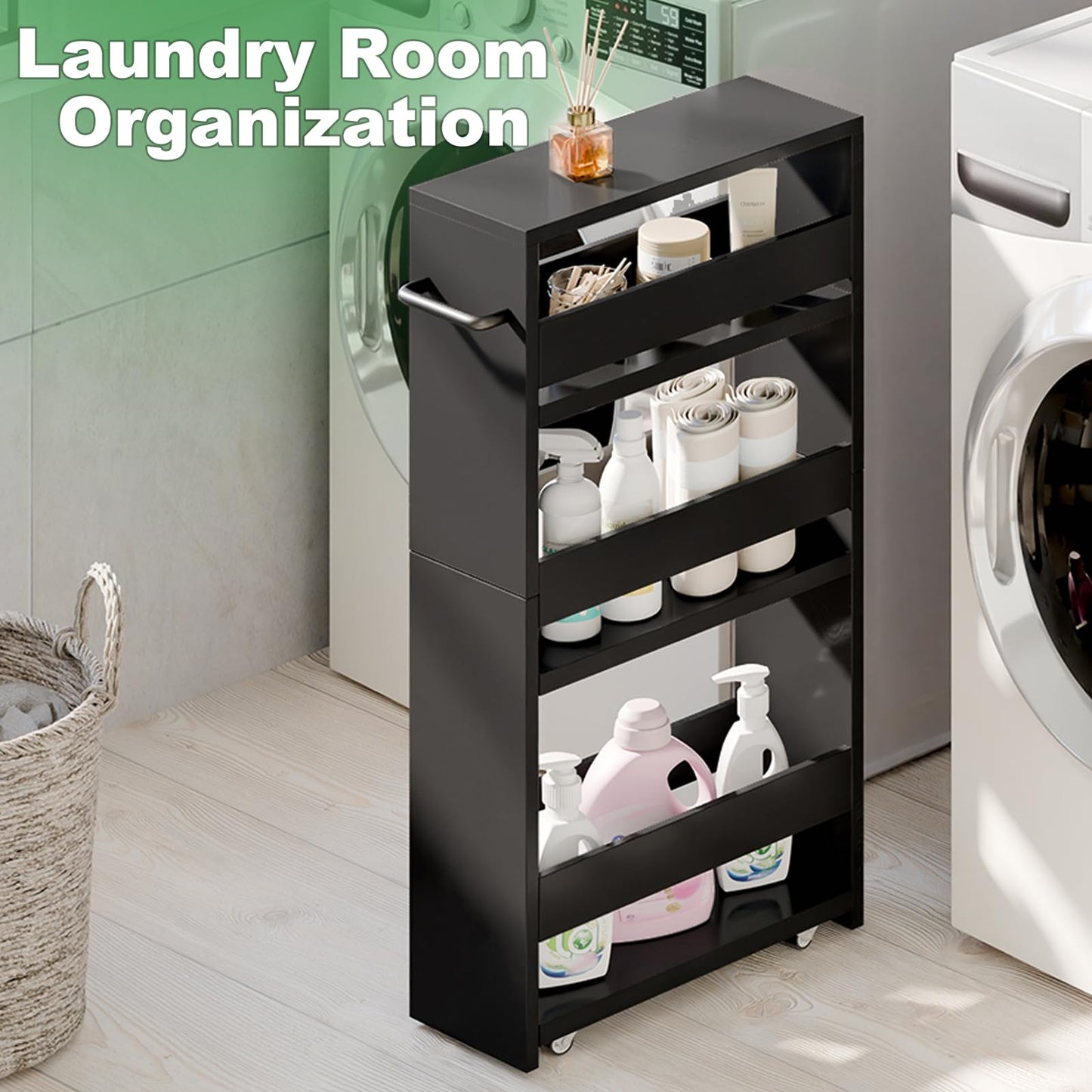 MARTY Slim Rolling Storage Cart 4-Tier Kitchen Cart with Wheels, Laundry Room Storage with Handle Slide Out Utility Cart Shelving Unit Organizer Trolley for Narrow Places Bathroom Small Corner, Black