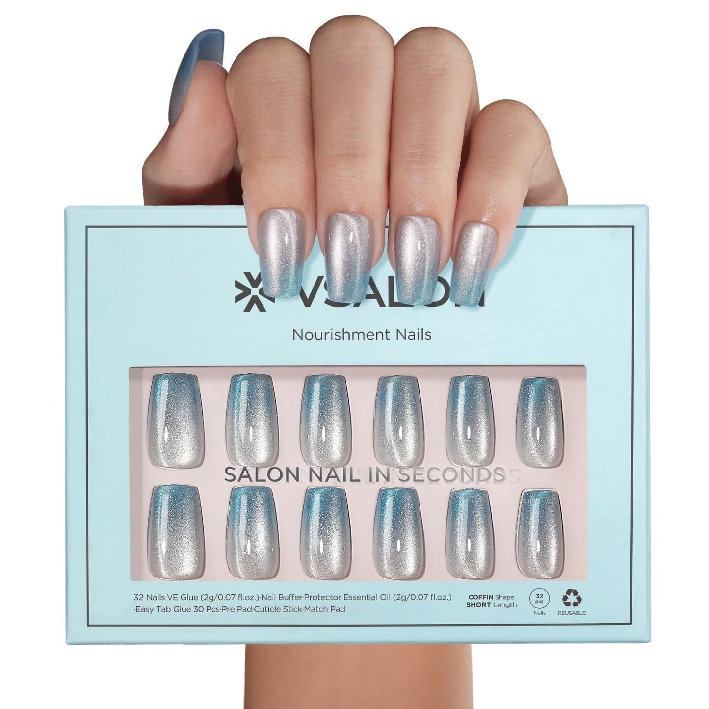VSALON Coffin Medium Press on Nails, Icy Blue Ombre Summer Cat Eye Glossy Chrome Shimmer Fake Nails, Reusable Soft Gel Semi-Transparent Glue on Nails, 32 Pcs in 16 Sizes Kits with Glue & Cuticle Oil