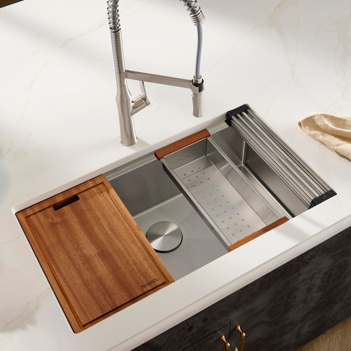 Ruvati 30-inch Round Corner Undermount 16 Gauge Stainless Steel Workstation Kitchen Sink Single Bowl – Soundproof Multifunction Chef Sink with Cutting Board & Accessories – RVH8320