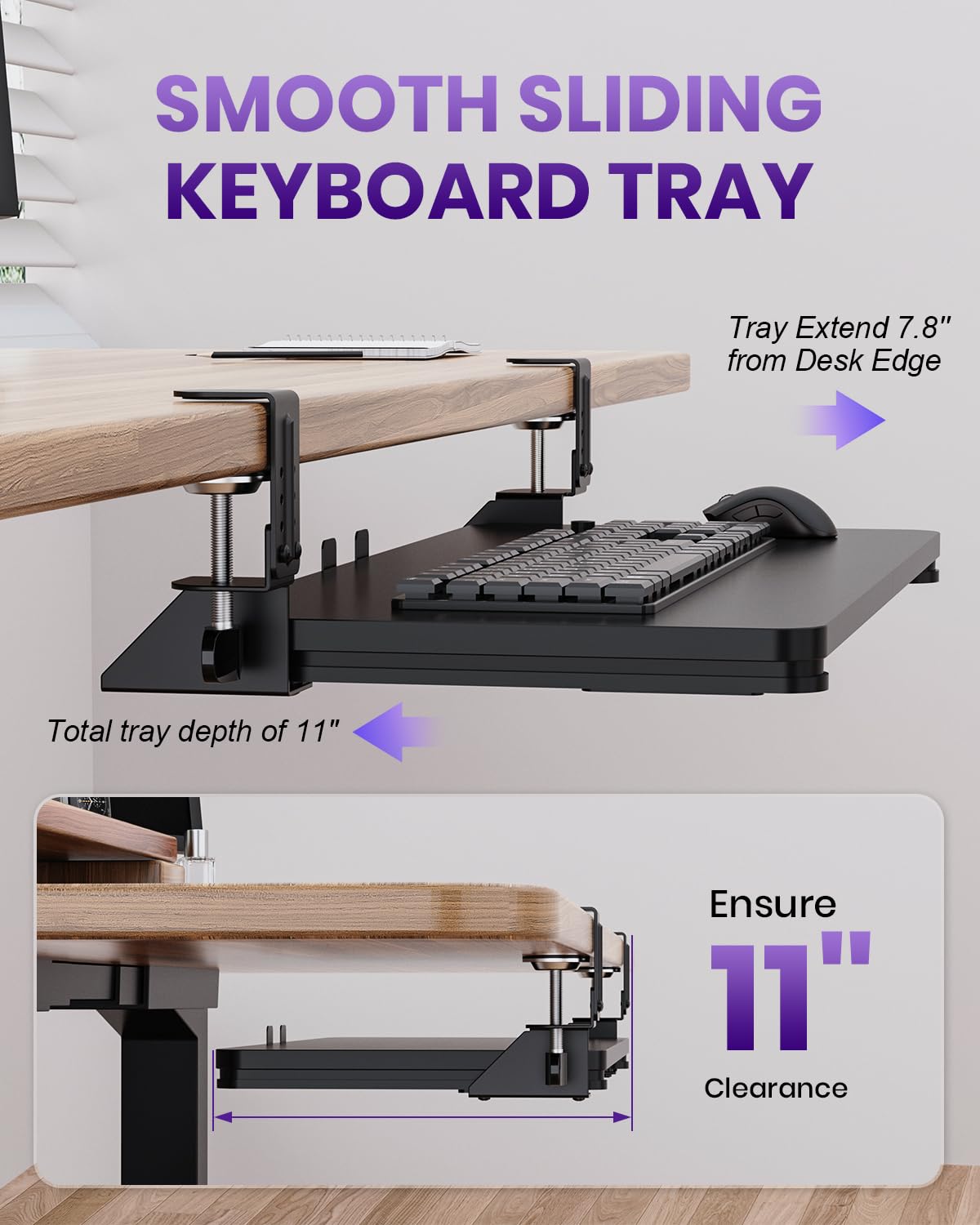 Zontera Ergonomic Mouse & Keyboard Tray Under Desk, Pull Out with Adjustable C-clamp, 20 (25.9 Including Clamps) x 11.8 Inch Slide Out Computer Keyboard Drawer Mouse Tray for Typing, Black
