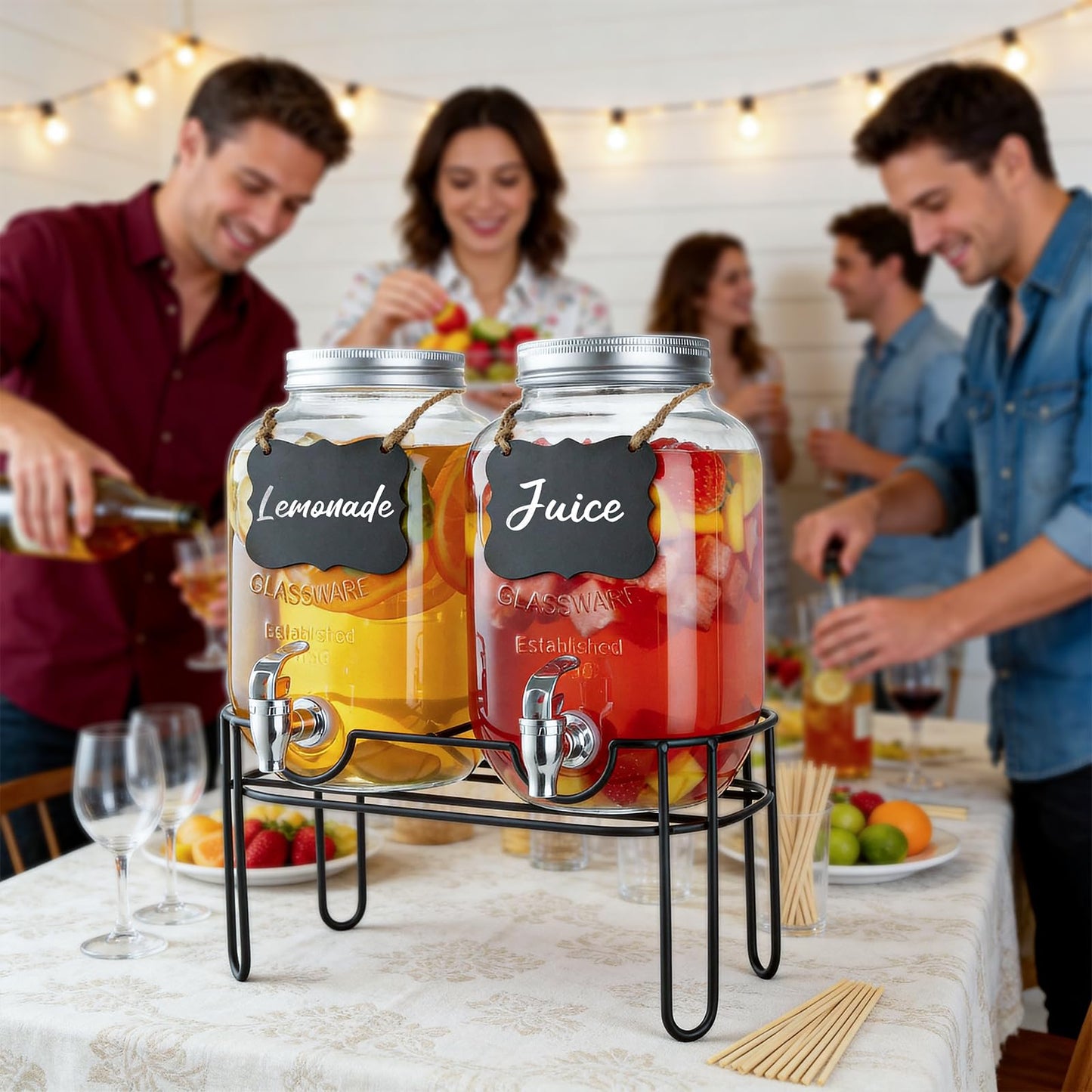 1 Gallon Glass Drink Dispensers For Parties, 2 Pack Beverage Dispenser，Lemonade Dispenser With Fruit Infuser And Stand For BBQ, Picnic, Party,Sun Tea