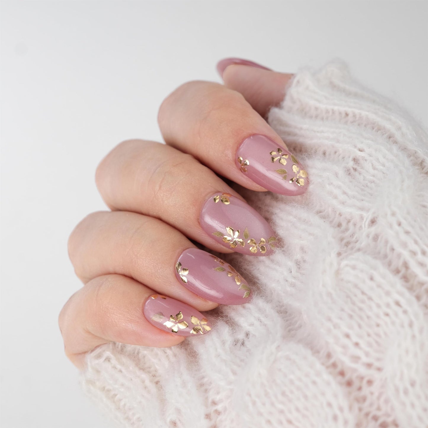 Nailique Press On Nails Short Almond – Handmade Pink Cat Eye Soft Gel with Gold Foil Floral Design, 26pcs Reusable Nail Tips with Glue & Remover, Salon Quality Spring Wedding Manicure for Women