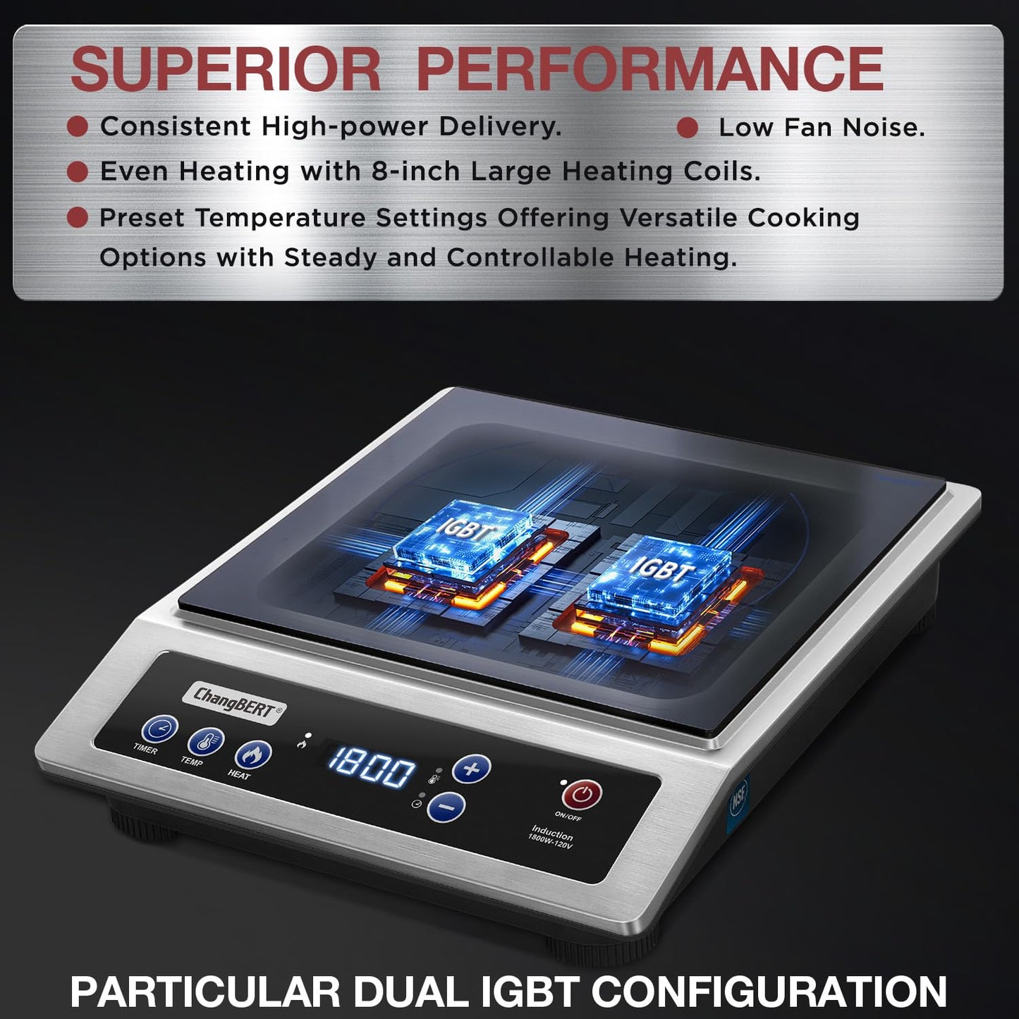 ChangBERT Induction Cooktop, Commercial Grade Portable Cooker, Large 8” Heating Coil, Premium Stainless Steel Countertop Burner with NSF Certified, 10 Hours Timer Powerful 1800W Professional Hot Plate