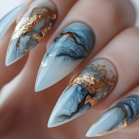 CLDLTS Press on Nails Medium Almond Shaped Blue Smudge False Nail Press Ons with Design Gold Foil Stripes Full Cover Artificial Acrylic Nails Glossy Reusable Glue on Nails for Women