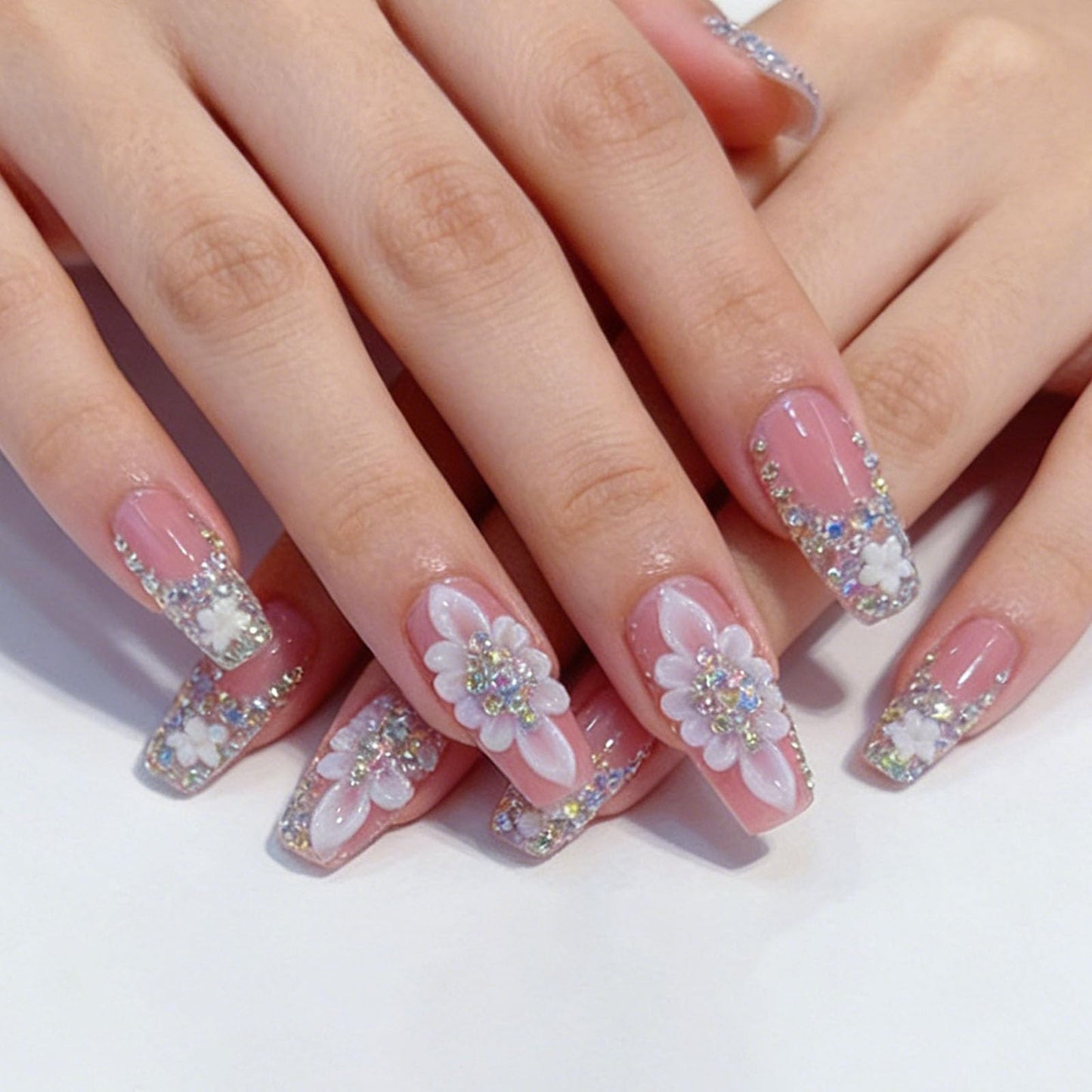 10 Pcs Handmade Press on Nails Long Square Fake Nails with 3D Flowers Rhinestones Charms Design Pink Acrylic False Nails Wedding Party Press Ons Nails Square for Women - M Size