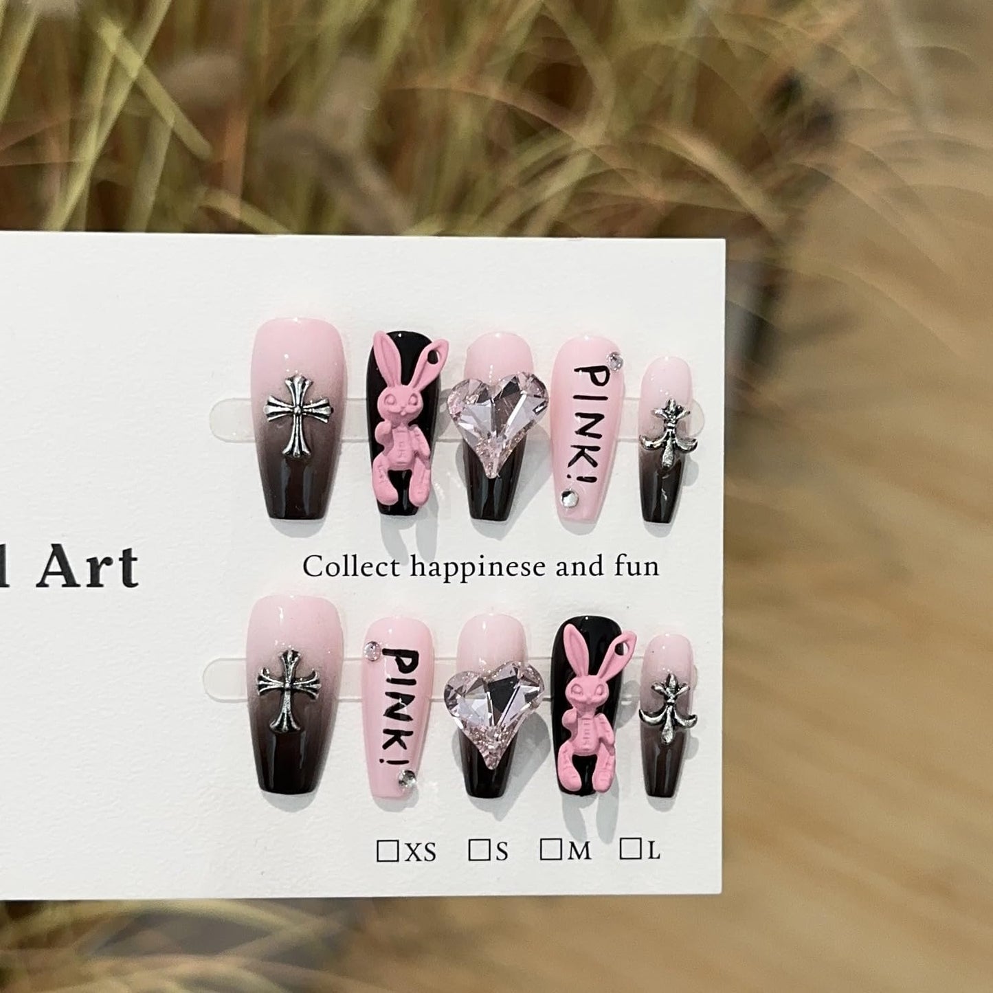 fake nails with 3D pink bunny & black cross charms, sweet yet edgy pink & black ombre design, stylish fake nails for women & girls (Medium)