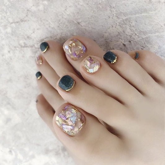 Light Rain Press on Toenails - Midnight, 3D Green Fake Toenails for Women, Luxury Reusable Seven Layers Gel UV Finish Hand Painted Art with Design by Professional Manicurist, Short Square, Small Size