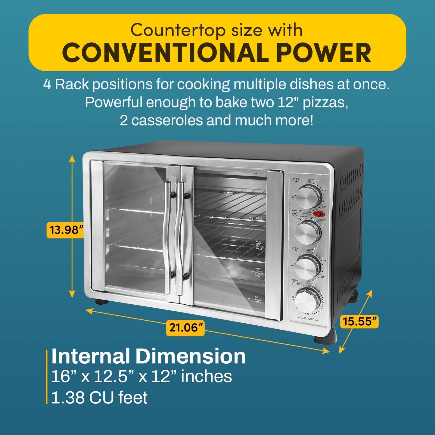 Elite Gourmet ETO4510B French Door 47.5Qt, 18-Slice Convection Oven 4-Control Knobs, Bake Broil Toast Rotisserie Keep Warm, Includes 2 x 14" Pizza Racks, Stainless Steel
