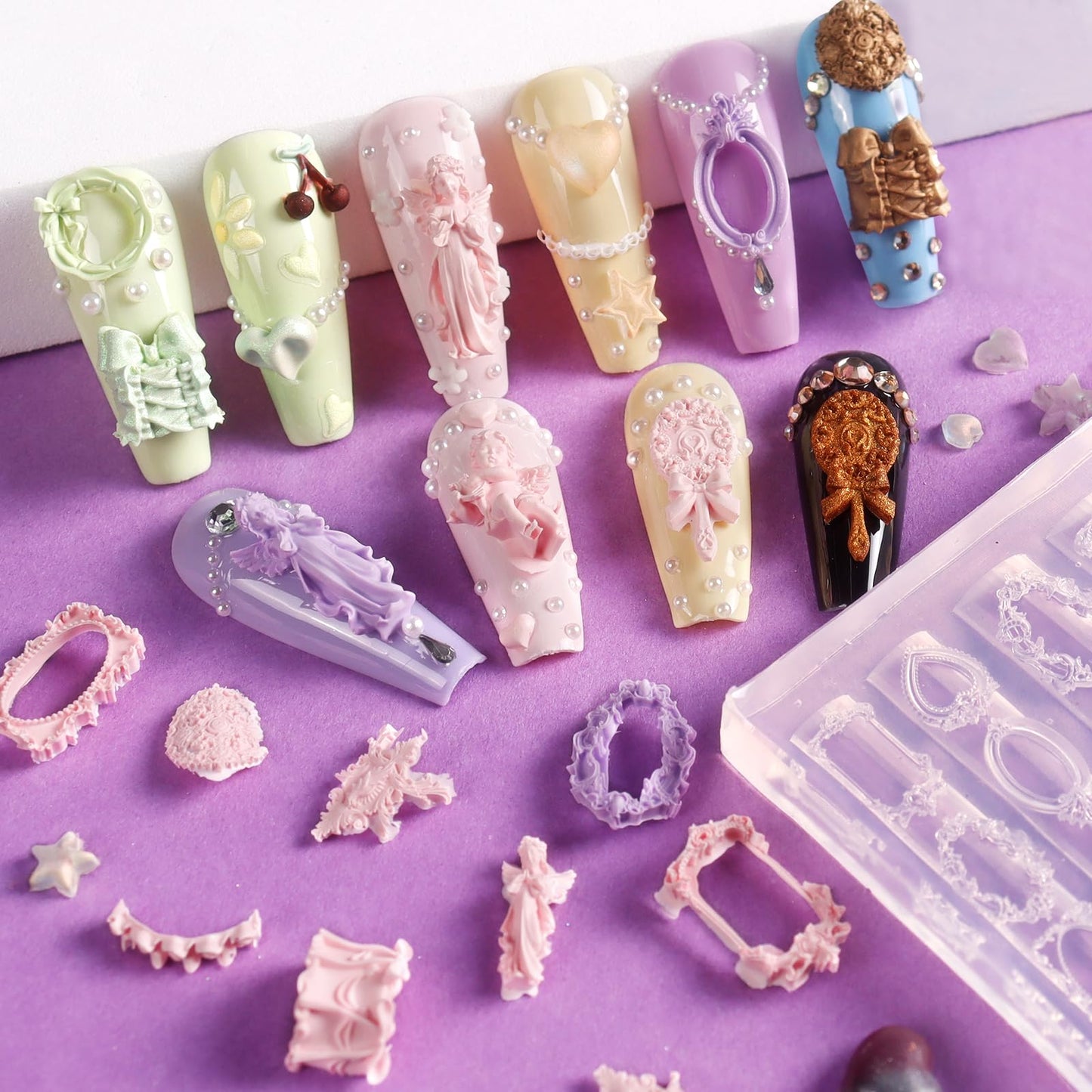 Laza 4pcs Silicone Nail Art Molds, 3D Virgin Mary, Mirror Frame, Heart, Bowknot Exquisite Silicone Y2K Nail Accessories with Carving Pen Resin Nail Art Mold Manicure Tools for DIY Salon Nail Design