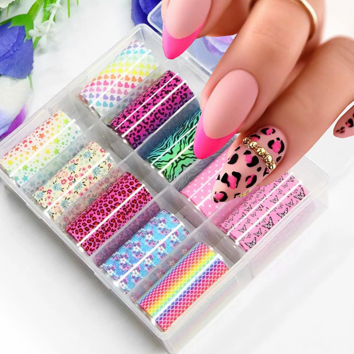 Leopard Print Nail Art Foils Transfer Stickers Spring Flowers Butterfly Nail Foils Adhesive Decals Nail Art Supplies Heart Star Polka Dot Starry Sky Paper Transfer Sliders for Women Nail Decorations