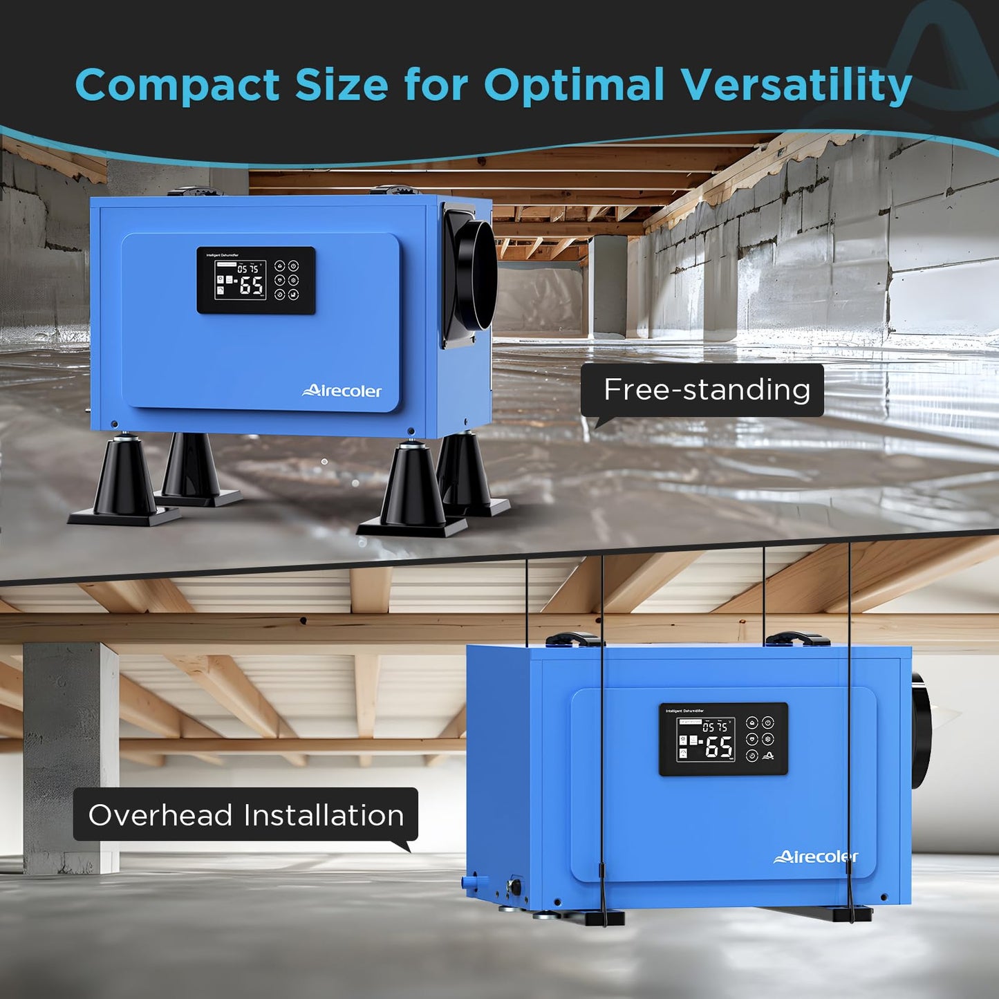 Airecoler 125 Pints Commercial Dehumidifier for Crawl Spaces & Basements with Drain Hose, Industrial Grade Water Damage Restoration for up to 6,000 sq ft, Auto Defrost, Memory Starting