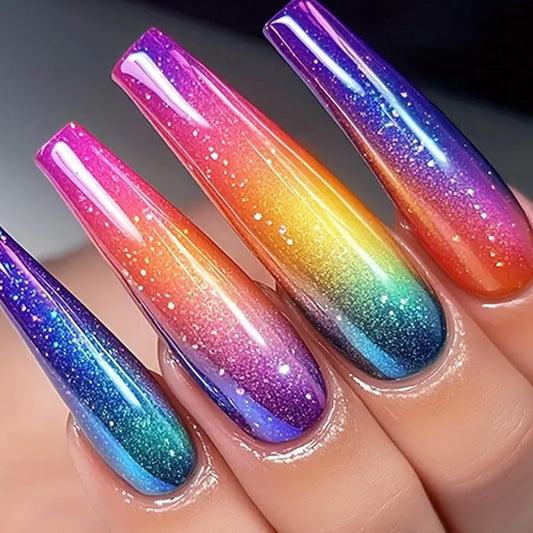 IMSOHOT Long Press on Nails Colorful Coffin Fake Nails Rainbow Ombre Glossy Glue on Nails Full Cover Cute Ballerina Acrylic False Nails for Women 24Pcs