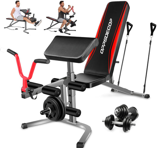 OPPSDECOR Adjustable Weight Bench Set with Leg Extension & Leg Curl, 900LBS Incline/Decline/Flat Preacher Curl Bench, Space-Saving Workout Bench for Home Gym