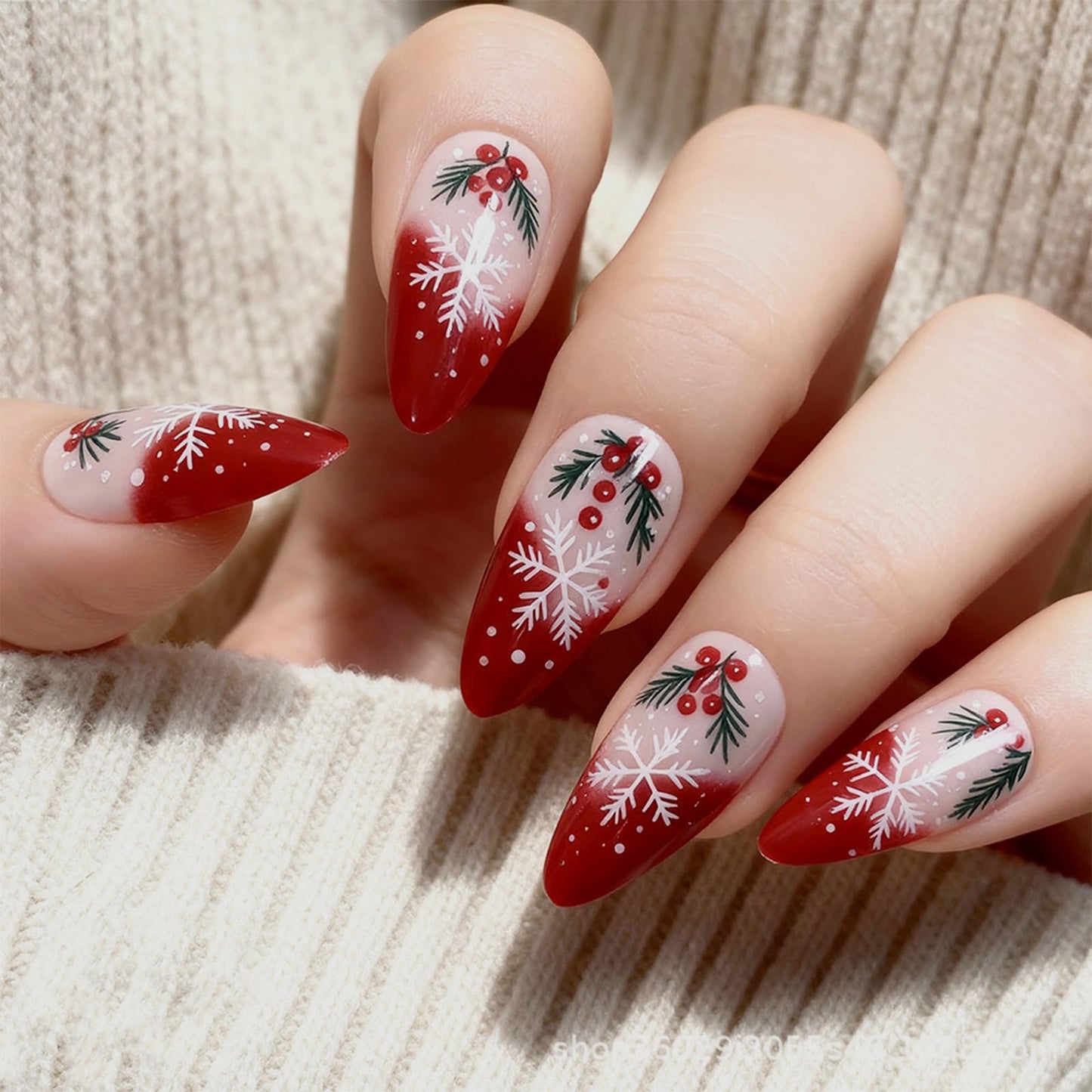 Christmas Press on Nails Medium Almond Fake Nails Snowflake with Red Fruit Designs False Nails Full Cover Glossy Red Gradient French for Women Christmas Party Wear Manicure Decoration 24PCS